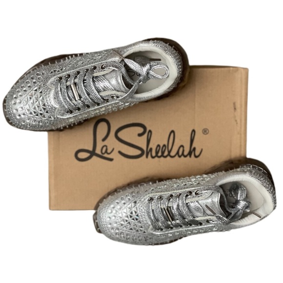 Lace Up Rhinestone Silver Chunky Platform Sneakers NWB! - Picture 2 of 16